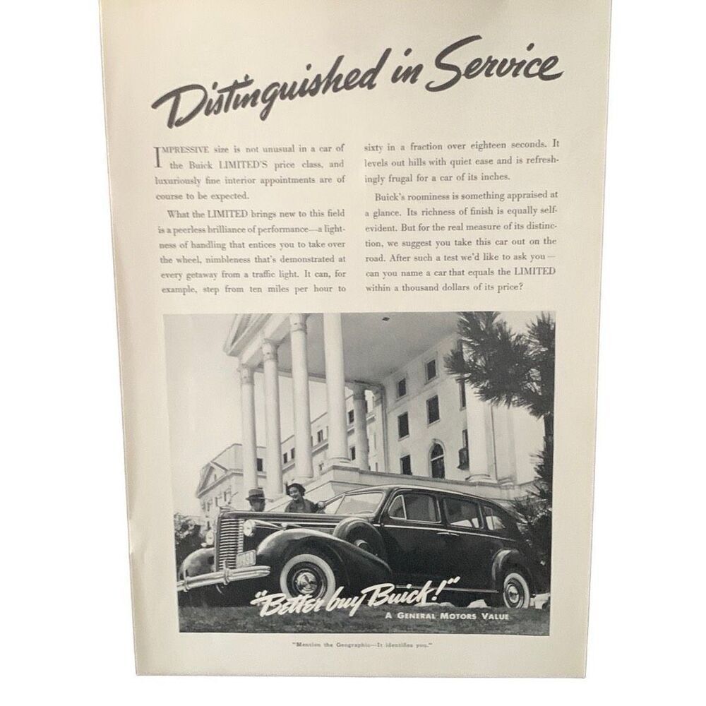 Vintage 1938 Buick Distinguished in Service Ad Advertisement